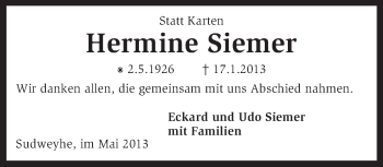 Traueranzeige von Hermine Siemer von KRZ