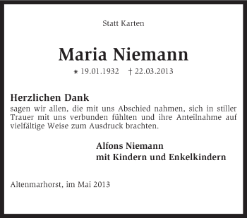 Traueranzeige von Maria Niemann von KRZ