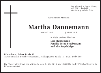 Traueranzeige von Martha Dannemann von KRZ