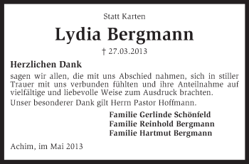 Traueranzeige von Lydia Bergmann von KRZ