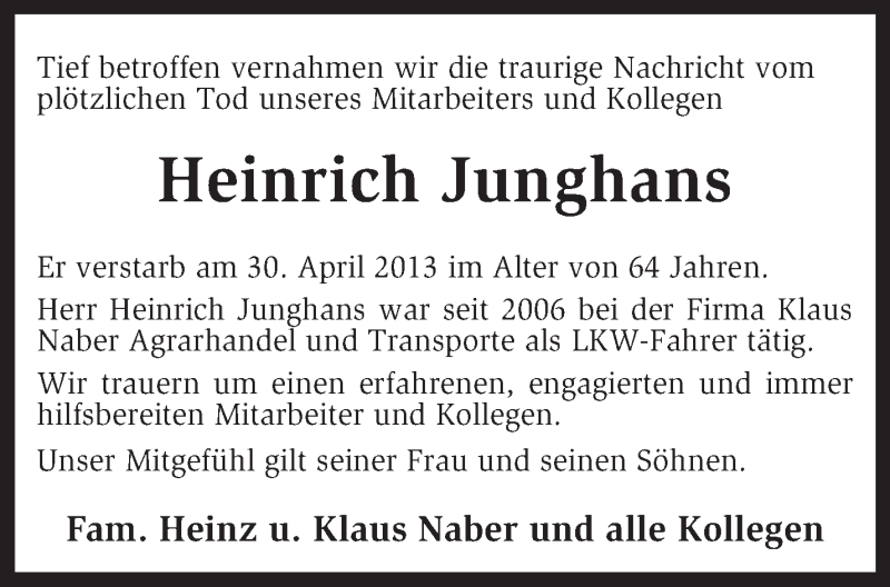  Traueranzeige für Heinrich Junghans vom 04.05.2013 aus KRZ