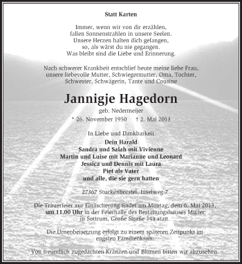 Traueranzeige von Jannigje Hagedorn von KRZ