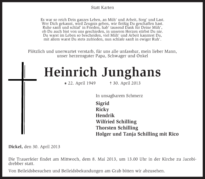 Traueranzeigen von Heinrich Junghans trauer.kreiszeitung.de