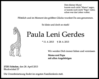 Traueranzeige von Paula Leni Gerdes von KRZ