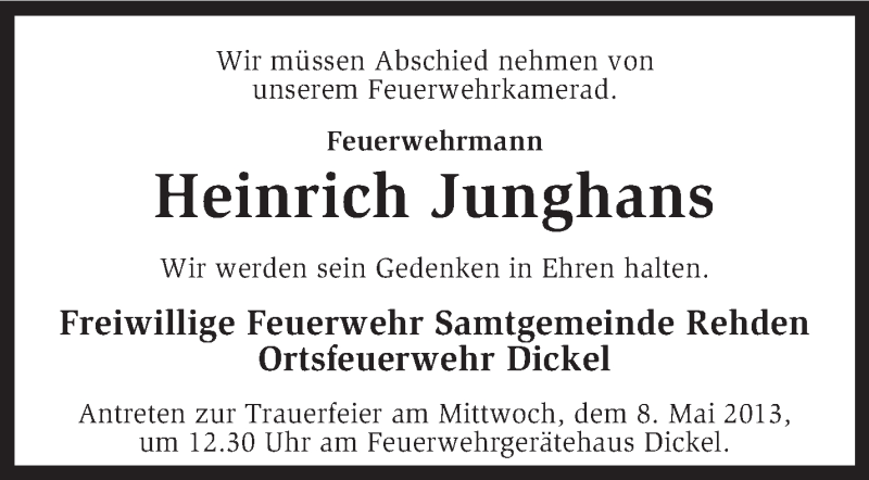 Traueranzeigen von Heinrich Junghans trauer.kreiszeitung.de