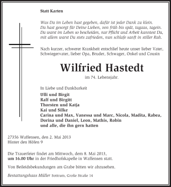 Traueranzeige von Wilfried Hastedt von KRZ