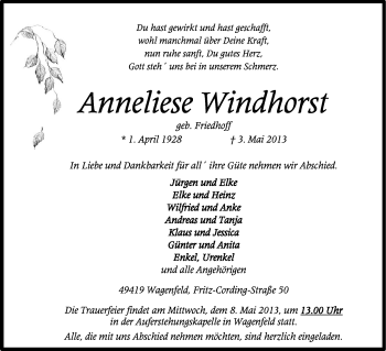 Traueranzeige von Anneliese Windhorst von KRZ