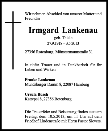Traueranzeige von Irmgard Lankenau von KRZ