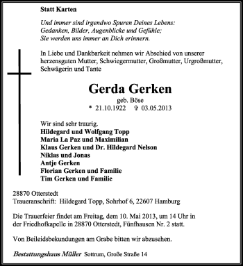 Traueranzeige von Gerda Gerken von KRZ