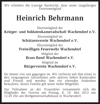 Traueranzeige von Heinrich Behrmann von KRZ