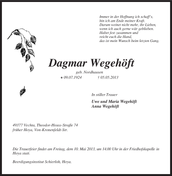 Traueranzeige von Dagmar Wegehöft von KRZ