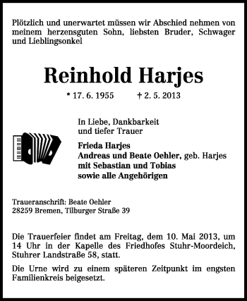 Traueranzeige von Reinhold Harjes von KRZ