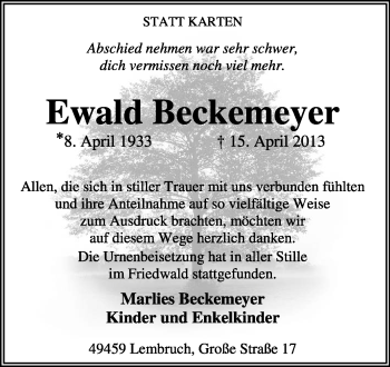 Traueranzeige von Ewald Beckemeyer von KRZ