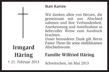 Traueranzeige von Irmgard Häring von KRZ