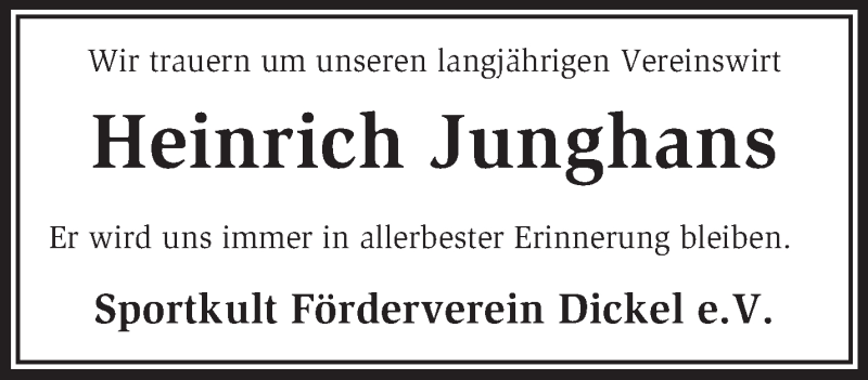 Traueranzeigen von Heinrich Junghans trauer.kreiszeitung.de