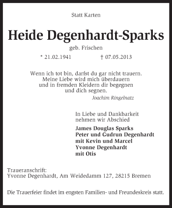 Traueranzeige von Heide Degenhardt-Sparks von KRZ