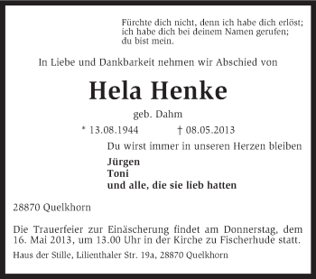 Traueranzeige von Hela Henke von KRZ