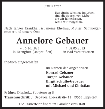 Traueranzeige von Annelore Gebauer von KRZ