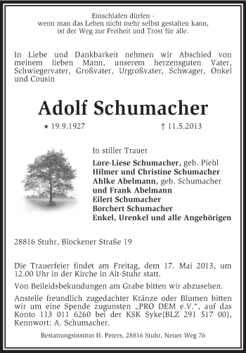 Traueranzeige von Adolf Schumacher von KRZ