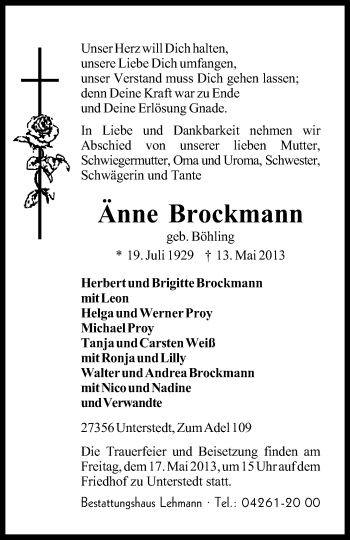 Traueranzeige von Änne Brockmann von KRZ