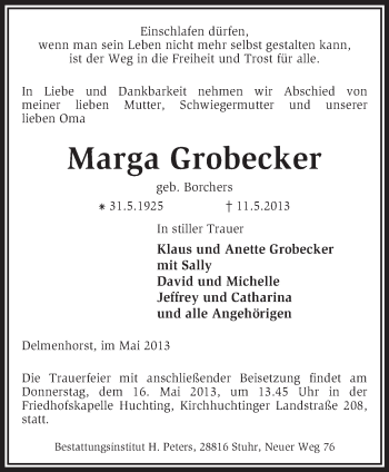 Traueranzeige von Marga Grobecker von KRZ