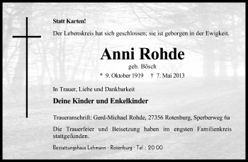 Traueranzeige von Anni Rohde von KRZ