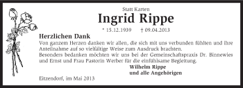 Traueranzeige von Ingrid Rippe von KRZ