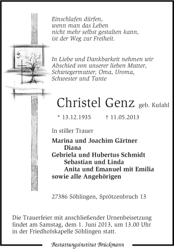 Traueranzeige von Christel Genz von KRZ