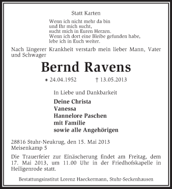 Traueranzeige von Bernd Ravens von KRZ