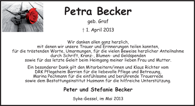  Traueranzeige für Petra Becker vom 18.05.2013 aus KRZ