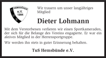 Traueranzeige von Dieter Lohmann von KRZ