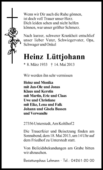 Traueranzeige von Heinz Lüttjohann von KRZ