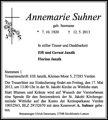 Traueranzeige von Annemarie Suhner von KRZ