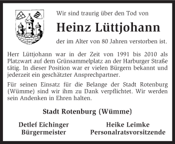 Traueranzeige von Heinz Lüttjohann von KRZ
