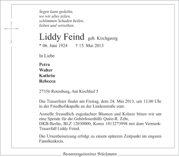 Traueranzeige von Liddy Feind von KRZ