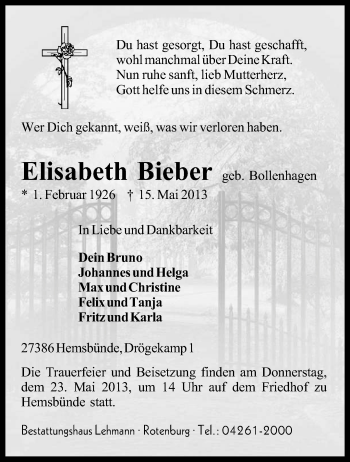 Traueranzeige von Elisabeth Bieber von KRZ