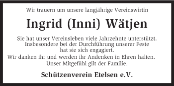 Traueranzeige von Ingrid Wätjen von KRZ