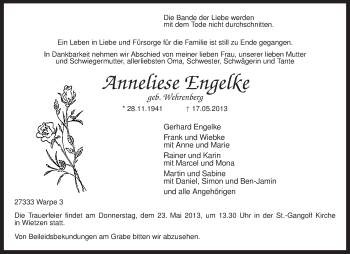 Traueranzeige von Annelise Engelke von KRZ