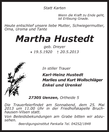 Traueranzeige von Martha Hustedt von KRZ