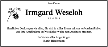 Traueranzeige von Irmgard Weseloh von KRZ