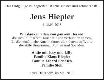 Traueranzeige von Jens Hiepler von KRZ