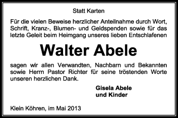 Traueranzeige von Walter Abele von KRZ