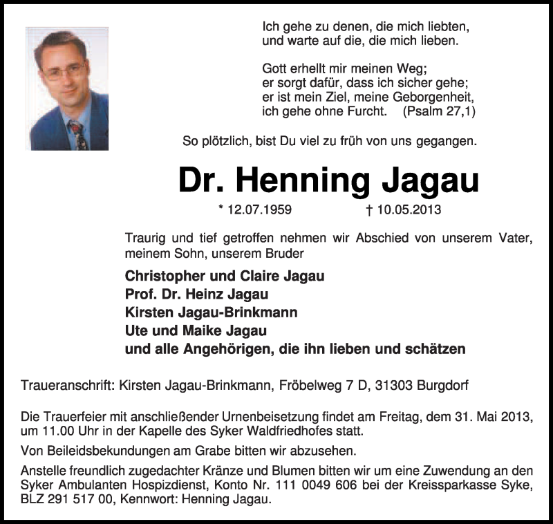  Traueranzeige für Henning Jagau vom 25.05.2013 aus KRZ