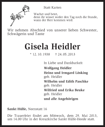 Traueranzeige von Gisela Heidler von KRZ