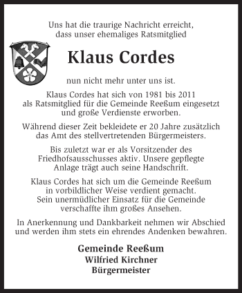 Traueranzeige von Klaus Cordes von KRZ