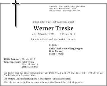 Traueranzeige von Werner Treske von KRZ