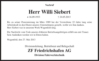 Traueranzeige von Willi Siebert von KRZ