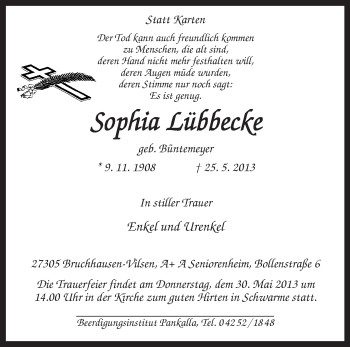 Traueranzeige von Sophia Lübbecke von KRZ