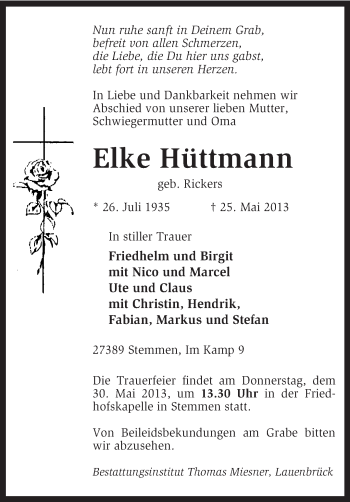 Traueranzeige von Elke Hüttmann von KRZ