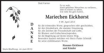 Traueranzeige von Mariechen Eickhorst von KRZ